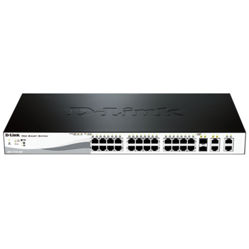 D-Link DES-1210-28P/C2A PROJ Настраиваемый коммутатор WebSmart с 24 портами 10/100Base-TX, 2 портами 10/100/1000Base-T, 2 комбо-портами 100/1000Base-T/SFP (порты 1 – 4 с поддержкой PoE 802.3af/802.3at