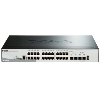 Коммутатор D-Link DGS-1510-28P/A1A, PROJ L2+ Smart Switch with 24 10/100/1000Base-T ports and 2 1000Base-X SFP ports and 2 10GBase-X SFP+ ports (24 PoE ports 802.3af/802.3at (30 W), PoE Budget 193W).16K Mac add