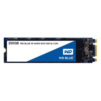 Твердотельный накопитель WD SSD Blue, 250GB, M.2(22x80mm), SATA3, 3D TLC, R/W 550/525MB/s, IOPs 95 000/81 000, TBW 100, DWPD 0.2 (12 мес.)