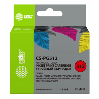 Картридж струйный Cactus CS-PG512 черный (15мл) для Canon Pixma iP2700/MP240/MP250/MP260/MP270/MP272/MP280/MP480/MP490/MP492/MP495/MX320/MX330/MX340/MX350