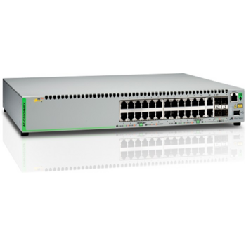 Коммутатор Allied Telesis Gigabit Ethernet Managed switch with 24 10/100/1000T POE ports, 2 SFP/Copper combo ports, 2 SFP/SFP+ uplink slots, single fixed AC power supply