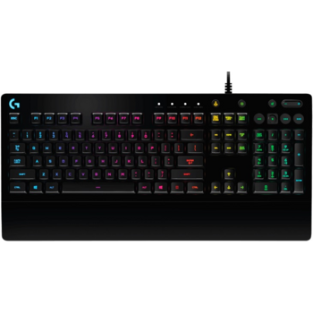 Клавиатура игровая Logitech G213 Prodigy [920-008092] черная, бесшумная, 112 клавиш (8 мультимедиа), RG-подсветка, подставка под запястья, защита от воды, USB 1,8м, {4}, (065963)