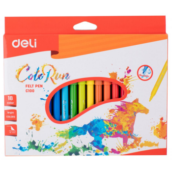 Фломастеры Deli EC10010 ColoRun круглый пиш. наконечник смываемые 18цв. коробка с европодвесом