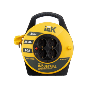 Удлинитель силовой IEK Industrial (WKP14-10-04-10) 3x1.0кв.мм 4розет. 10м ПВС 10A катушка желтый