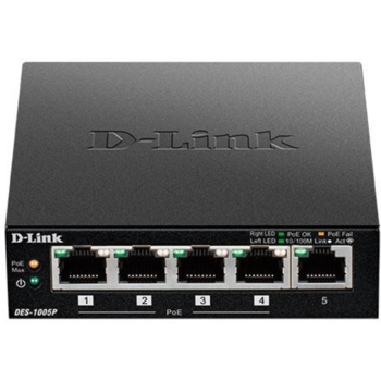Коммутатор D-Link DES-1005P/B1A, L2 Unmanaged Switch with 5 10/100Base-TX ports (4 PoE ports 802.3af/802.3at (30 W), PoE Budget 60).2K Mac address, Auto-sensing, 802.3x Flow Control, Stand-alone, Auto MDI/MDI-X