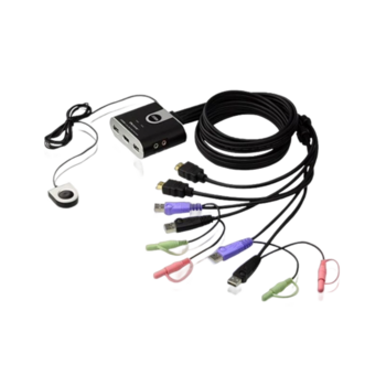 2-портовый KVM-переключатель со встроенными KVM кабелями (1,2м), 1 user(HDMI(Female)+2xAudio(Female)+2xUSB(Тип А Female), KVM-порты:(HDMI(Male)+2xAudio(Male)+2xUSB(Тип A Male). Поддержка до (1920 x 1200) 1080p. Звук 2.1 2-портовый KVM-переключатель со вс
