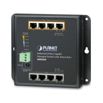 WGS-804HPT индустриальный коммутатор IP30, IPv6/IPv4, 8-Port 1000TP Wall-mount Managed Ethernet Switch with 4-Port 802.3AT POE+ (-40 to 75 C), dual redundant power input on 48-56VDC terminal block and power jack, SNMPv3, 802.1Q VLAN, IGMP Snooping, SSL, S