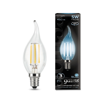Лампа филам. Gauss Filament 5Вт цок.:E14 свеча 220B 4100K св.свеч.бел.нейт. (упак.:10шт) (104801205)