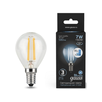Лампа светодиодная Gauss Filament 7Вт цок.:E14 шар 220B 4100K св.свеч.бел.нейт. (упак.:1шт) (105801207-S)