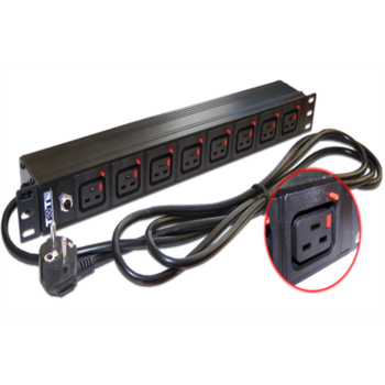 Блок розеток Блок розеток 19", 1-фазный без выключателя,16A / 250V, 8xC19 с фиксатором вилки, шнур 3.0 м, вилка Schuko