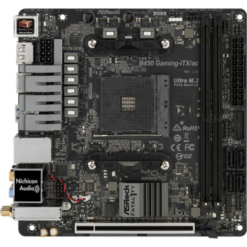 Материнская плата ASROCK B450 GAMING-ITX/AC, AM4, B450, 2*DDR4, 4*SATA, 1*M.2, 3*USB 3.1, 2*USB 2.0, Type-C, 3*PCIx16, 1*M.2 (Key E), HDMI+DP, mITX