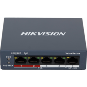 Коммутатор Hikvision DS-3E0105P-E/M(B) 4 RJ45 100M PoE с грозозащитой 6кВ; 1 Uplink порт 100М Ethernet: бюджет PoE 35Вт; поддерживают режим передачи до 250м; таблица MAC адресов на 1000 записей;