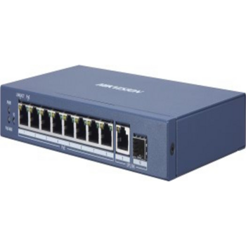 Неуправляемый коммутатор. 8 RJ45 1000M PoE с грозозащитой 6кВ, 1 Uplink порт 1000М Ethernet,1 1000М SFP uplink порт; бюджет PoE 58Вт;таблица MAC адресов на 4000 записей; пропускная способность 20Гб/с; стандарты PoE: IEEE802.3af, IEEE802.3at; 48 VDC, 1.35