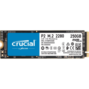 Твердотельный накопитель Crucial SSD P2, 250GB, M.2(22x80mm), NVMe, PCIe 3.0 x4, 3D TLC, R/W 2100/1150MB/s, IOPs 170 000/260 000, TBW 150, DWPD 0.3 (5 лет)