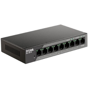 Коммутатор D-Link DSS-100E-9P/A1A, L2 Unmanaged Surveillance Switch with 8 10/100Base-TX ports and 110/100/1000Base-T port(8 PoE ports 802.3af/802.3at (30 W), PoE Budget92 W, up to 250 m power delivery).2K Ma