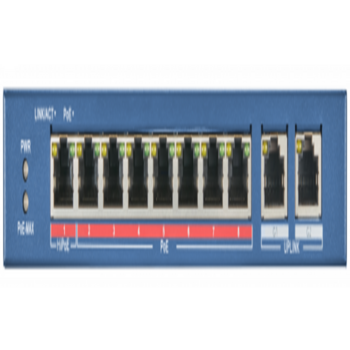 8 RJ45 100M PoE с грозозащитой 6кВ, 2 Uplink порт 1000М Ethernet, бюджет PoE 60Вт, поддерживают режим передачи до 300 м, IEEE802.3af IEEE802.3at;48 VDC 1.35 A;-10 C...+40C.