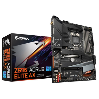 Материнская плата Gigabyte Z590 AORUS ELITE AX RTL {Socket 1200, Intel®Z590, 4xDDR4-3200, DP, 2xPCI-Ex16, 1xPCI-Ex1, 6xSATA3(RAID 0/1/5/10), 3xM.2, 8Ch Audio, 2,5GLan, WiFi}