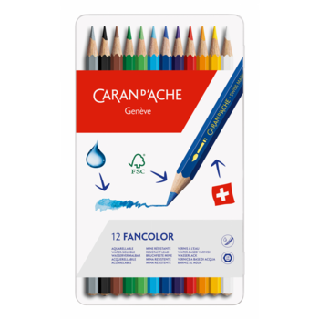 Карандаши цветные акварельные Carandache 1288.312 Fancolor шестигранные дерево d=2.8мм мет.кор. (12шт)