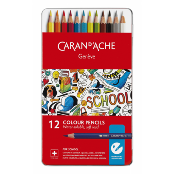 Карандаши цветные акварельные Carandache School 1290.312 шестигранные дерево металлик мет.кор. (12шт)