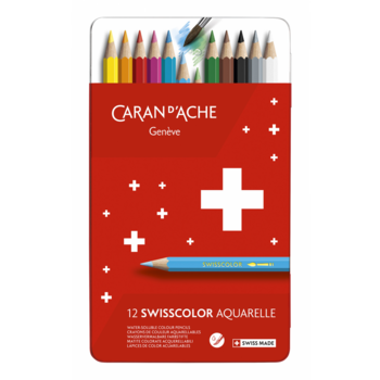 Карандаши цветные акварельные Carandache 1285.712 Swisscolor шестигранные дерево d=2.8мм мет.кор. (12шт)