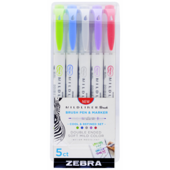 Набор маркеров для досок Zebra mildliner brush and marker 79205 двойной пиш. наконечник 1.4-4мм ассорти (5шт.)