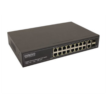PoE Коммутатор OSNOVO SW-8182/L(300W) Управляемый L2+ PoE коммутатор Gigabit Ethernet на 16 RJ45 PoE + 2 x RJ45 + 2 GE SFP портов. Порты: 2 x GE (10/100/1000Base-T) с PoE (до 90W, A+B) + 14 x GE (10/100/1000Base-T)