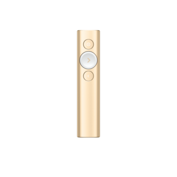 Презентер Logitech Spotlight Gold (золотистый, Bluetooth/2.4 GHz, перезаряжаемая литий-полимерная батарея 85мАч, 3D-акселерометр, гироскоп, кабель для зарядки, чехол)