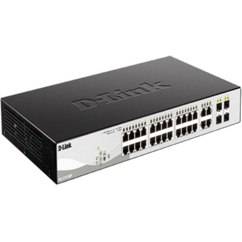 Коммутатор D-Link DGS-1210-28MP/F3A, PROJ L2 Smart Switch with 24 10/100/1000Base-T ports and 4 1000Base-T/SFP combo-ports (24 PoE ports 802.3af/802.3at (30 W), PoE Budget 370 W).8K Mac address, 802.3x Flow Co