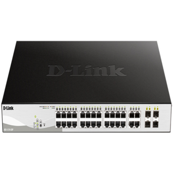 Коммутатор D-Link DGS-1210-28P/F3A, PROJ L2 Smart Switch with 24 10/100/1000Base-T ports and 4 1000Base-T/SFP combo-ports (24 PoE ports 802.3af/802.3at (30 W), PoE Budget 193 W).8K Mac address, 802.3x Flow Con