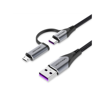 Переходник Vention USB 2.0 A Male to 2-in-1 USB-C&Micro-B Male 5A Cable 1M Gray Aluminum Alloy Type