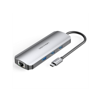 Док-станция Vention Multi-function USB-C to HDMI/USB3.0x3/RJ45/SD/TF/PD Docking Station 0.15M Gray Aluminum Alloy Type