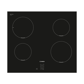 Встраиваемая индукционная панель BOSCH Serie 4, индукционная варочная поверхность, 60см, стеклокерамика, черный, 4 индукционные зоны нагрева, управление TouchSelectBasic, распознавание наличия посуды, функция PowerBoost для левой задней зоны, 1-позиционны