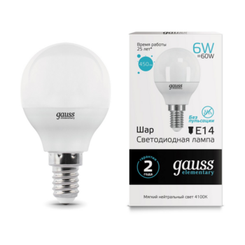 Лампа светодиодная Gauss Elementary 6Вт цок.:E14 шар 220B 4100K св.свеч.бел.нейт. (упак.:10шт) (53126)