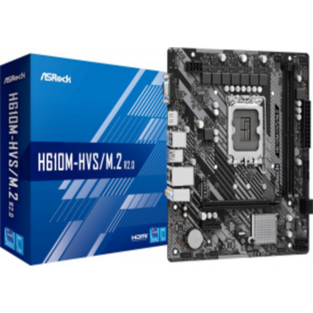 Материнская плата ASROCK H610M-HVS/M.2 R2.0, LGA1700, H610, 2*DDR4, 4*SATA, 1*M.2, 2*USB 3.2, 4*USB 2.0, 1*PCIx16, 1*PCIx1, D-Sub+HDMI, mATX