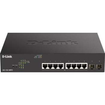 Коммутатор D-Link DGS-1100-10MPV2/A3A, L2 Smart Switch with 8 10/100/1000Base-T ports and 2 1000Base-X SFP ports (8 PoE ports 802.3af/802.3at(30 W), PoE Budget 130 W).16K Mac address, 802.3x Flow Control, 802.3a