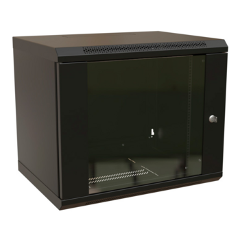 Шкаф коммутационный WRline (WR-TW-1545-GP-RAL9004) настенный 15U 600x450мм пер.дв.стекл 2 бок.пан. 60кг черный 370мм 775мм IP20 сталь