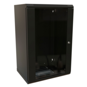 Шкаф коммутационный WRline (WR-TW-1845-GP-RAL9004) настенный 18U 600x450мм пер.дв.стекл 2 бок.пан. 60кг черный 370мм 908мм IP20 сталь