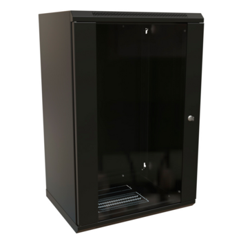 Шкаф коммутационный WRline (WR-TW-1845-GP-RAL9004) настенный 18U 600x450мм пер.дв.стекл 2 бок.пан. 60кг черный 370мм 908мм IP20 сталь