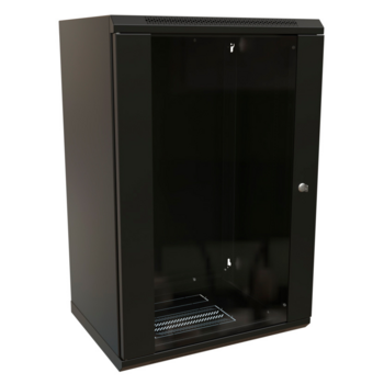 Шкаф коммутационный WRline (WR-TW-1866-GP-RAL9004) настенный 18U 600x600мм пер.дв.стекл 2 бок.пан. 60кг черный 520мм 908мм IP20 сталь