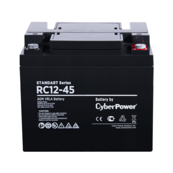 Аккумуляторная батарея SS CyberPower RC 12-45 / 12 В 50 Ач Battery CyberPower Standart series RС 12-45, voltage 12V, capacity (discharge 20 h) 47.2Ah, max. discharge current (5 sec) 540A, max. charge current 13.5A, lead-acid type AGM, terminals under bolt