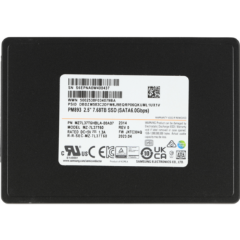 Твердотельный накопитель Твердотельный накопитель/ Samsung SSD PM893, 7680GB, 2.5" 7mm, SATA3, 3D TLC, R/W 550/520MB/s, IOPs 98 000/30 000, TBW 14016, DWPD 1 (12 мес.)