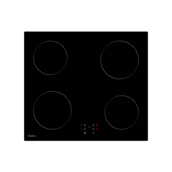 Встраиваемая варочная панель индукция EVELUX Варочная панель электрическая, индукция, 60 см, 4 конфорки, сенсорное управление, 9 уровней мощности, таймер 1-99 мин, блокировка управления, защитное отключение, 6000 Вт, черное стекло, 590х520х58 мм.
