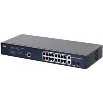 Сетевое оборудование DAHUA 16-портовый гигабитный управляемый коммутатор с PoE, уровень L2Порты: 16 RJ45 10/100/1000Мбит/с (PoE/PoE+/Hi-PoE/IEEE802.3bt), 2 комбинированных SFP/RJ45 (uplink); мощность PoE: порты 1~2 до 90