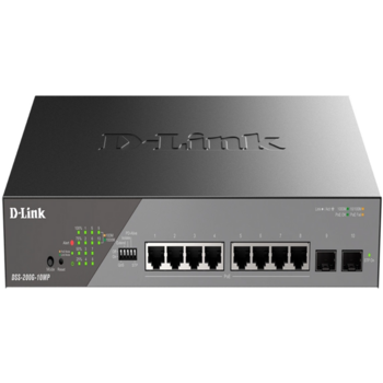 Коммутатор D-Link Настраиваемый L2 PoE-коммутатор, 8x1000Base-T PoE, 2x1000Base-X SFP, PoE-бюджет 130 Вт, дальность PoE до 250 м