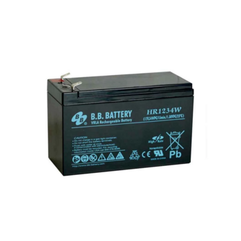 Батарея B.B. Battery серия HR, HR1234W, напряжение 12В, емкость 9Ач (разряд 20 часов), емкость 7Ач (разряд 10 часов), макс. ток разряда (5 сек.) 105А, макс. ток заряда 2.1A, свинцово-кислотная типа AGM, клеммы Т2, ДxШxВ 151x65x100мм., вес 2.5кг., срок слу