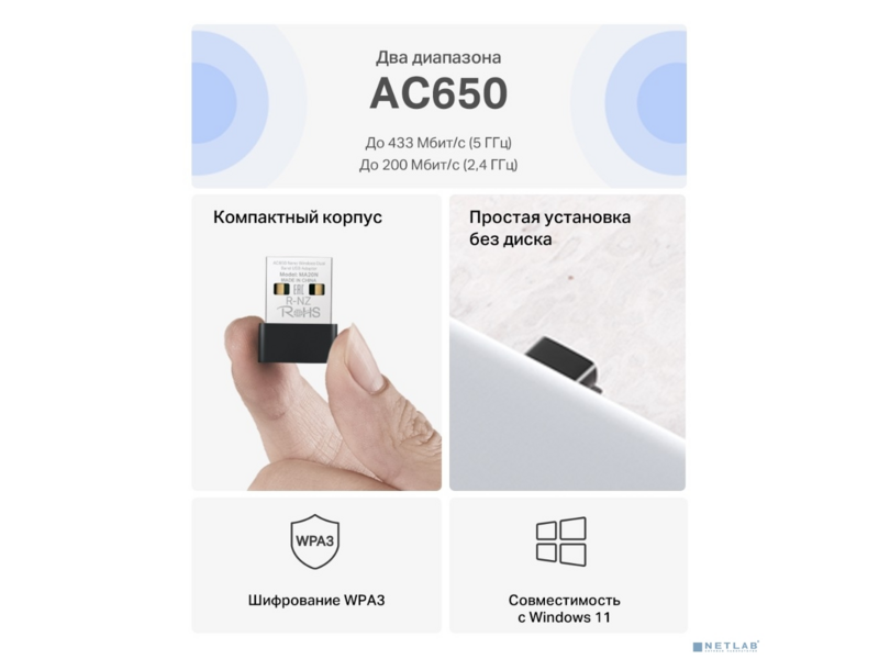 Сетевой адаптер Wi-Fi Mercusys MA20N AC650 USB 2.0 (ант.внутр.) 1ант.