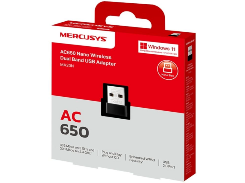 Сетевой адаптер Wi-Fi Mercusys MA20N AC650 USB 2.0 (ант.внутр.) 1ант.