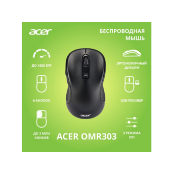 Мышь компьютерная Мышь компьютерная/ Беспроводная мышь ACER OMR303 оптическая (1600dpi) беспроводная (6but) black