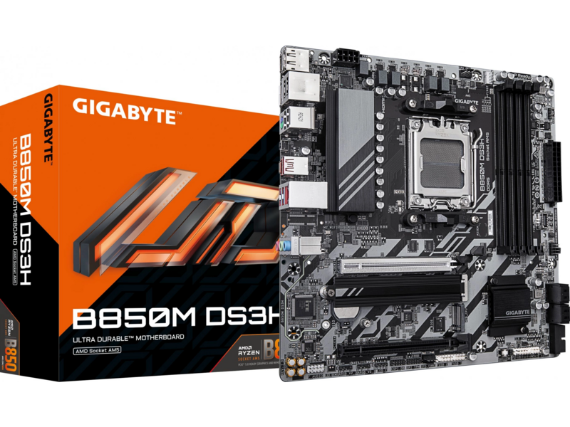 Материнская плата GIGABYTE B850M DS3H, AM5, B850, 4*DDR5, 4*SATA, 2*M.2, 3*USB 3.2, 4*USB 2.0, Type-C, 1*PCIx16, 1*PCIx1, 2*DP+HDMI, mATX
