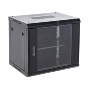 Шкаф коммутационный Rexant (04-0964-112) настенный 9U 600x450мм пер.дв.стекл металл 2 бок.пан. направл.под винты 60кг черный 13.75кг 230град. 501мм IP20 сталь